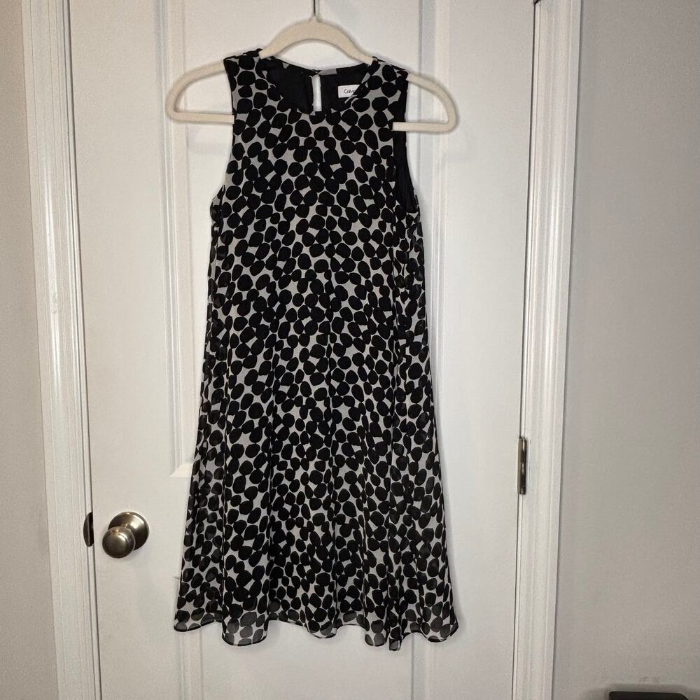 Calvin Klein Sz 4 Black White Polka Dot Sleeveless Fit & Flare Chiffon Dress